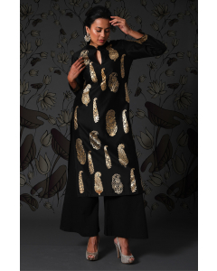 Silk Chanderi Kurta And Palazzo - Black