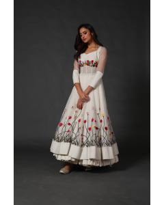 Ivory Anarkali Set With Machine Embroidery