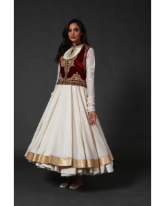 Ivory Anarkali Set With Wine Embroidered Koti