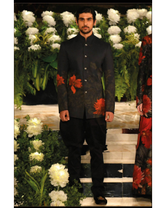 Black Linen Digital Print Bandhgala