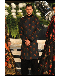 BLACK LINEN DIGITAL PRINT SHERWANI