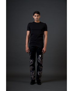 Black Denim Jeans With Bird And Floral Embroidery