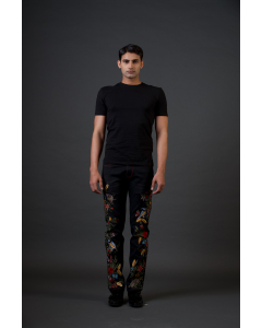 Black Denim Jeans With Leaves And Bird Embroidery