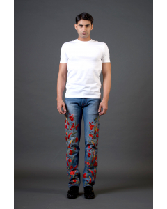 Light Blue Denim Jeans With Leaves Flower And Stem Embroidery