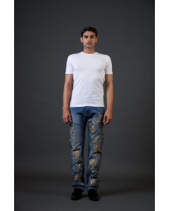Light Blue Denim Jeans With Zari Gold Flower Embroidery