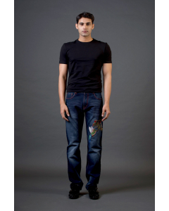 Blue Denim Jeans With Leaves Stem And Flying Bird Embroidery