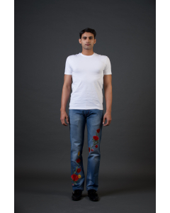 Light Blue Denim Jeans With Big Rose Embroidery