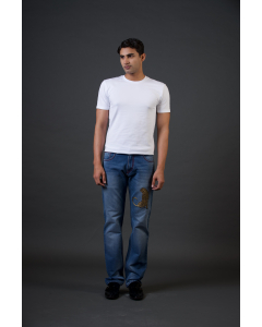 Light Blue Denim Jeans With Standing Cheetah Embroidery