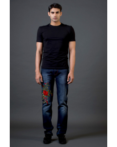 Blue Denim Jeans With Rose Leaves And Sitting Red Bird Embroidery