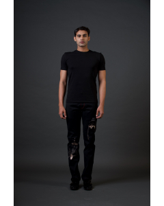 Black Denim Jeans With Monkey Embroidery