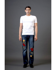 Blue Denim Jeans With Big Rose And Stem Embroidery
