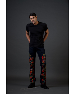 Dark Blue Denim Jeans With Floral Leaves Embroidery