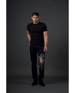 Blue Denim Jeans With Leaves And Tiger Face Embroidery