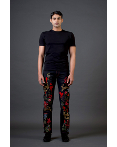 Dark Navy Denim With Multicolor Animal And Jungle Embroidery