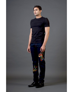 Blue Denim With Multicolor Cock Embroidery