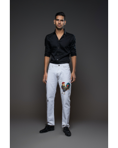 Light Off White Jeans With Multicolor Cock Embroidery
