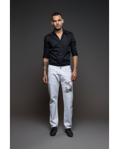 Light Off White Jeans With Standing Bird Embroidery