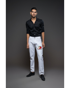 Light Off White Jeans With Apple Embroidery