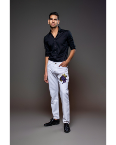 Off White Denim Jeans With Floral Grapes Embroidery