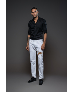 Off White Jeans With Full Horse Emb Motif