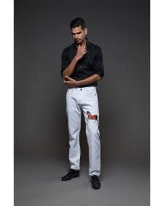 Off White Denim Jeans With Horse Embroidery