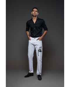 Off White Jeans With Monkey Embroidery
