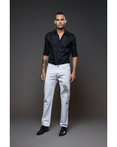 Off White Denim Jeans With Leopard Embroidery