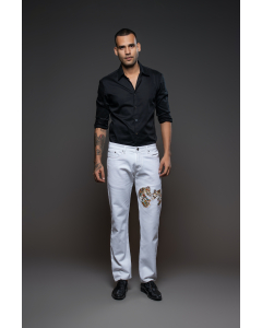 Off White Jeans With Two Horses Embroidery