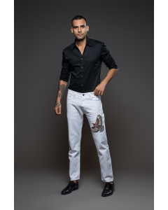 Light Off White Jeans With Eagle Embroidery