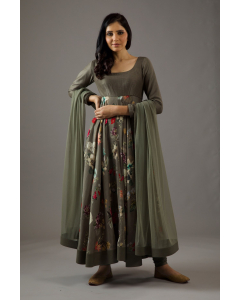 Chanderi Silk Pewter Printed Anarkali Set