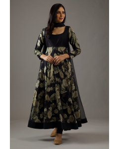 Chanderi Silk Black Printed Anarkali Set