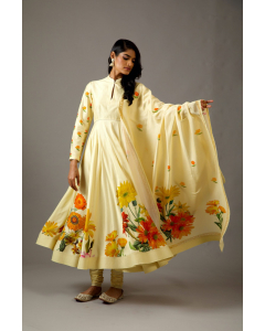 Chanderi Silk Lemon Yellow Printed Anarkali Set