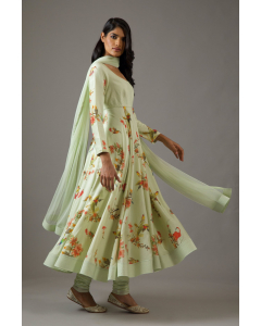 Chanderi Silk Mint Green Printed Anarkali Set