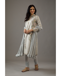 Chanderi Silk Relax Fit Multicolor Emb Kurta Set With Crinkle Dupatta