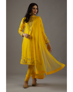 Chanderi Silk Relax Fit Kurta With Emb On Neck And Net Dupatta