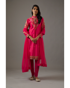 Chanderi Silk Relax Fit Kurta Set With Emb On Arms And Neck With Dupatta
