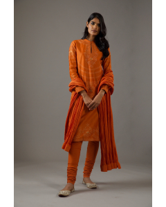 Chanderi Silk Relax Fit All Over Emb Kurta Set With Crinkle Dupatta