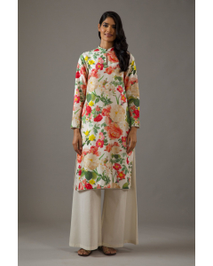 Chanderi Silk Ivory Floral Printed Tunic Set