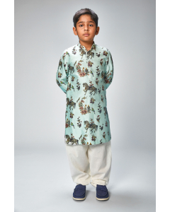 Chanderi Aqua Horse Printed Kurta Pajama