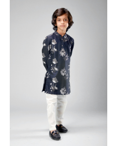 Black Chanderi Grey Flower Kurta Set