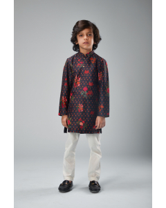 Black Chanderi Red Roses Kurta Set