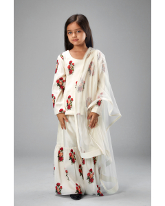 Chanderi Printed Short Kurti N Sharara Set With Net Dupatta
