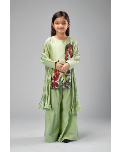 Chanderi Printed Short Kurti N Loose Pant Set With Net Dupatta