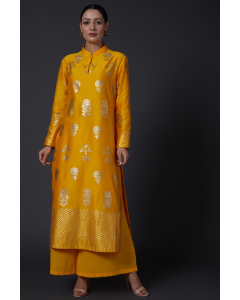 Yellow Block Printed Kurta With Pants