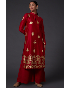 Red & Gold Block Printed Kurta Set
