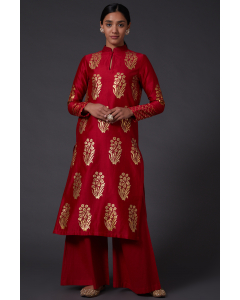 Red & Gold Block Printed Kurta With Palazzo Pants
