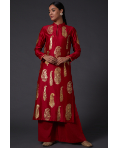 Red & Gold Block Printed Kurta With Pants