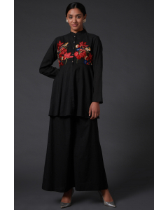 Black Embroidered Peplum Top With Palazzo Pants