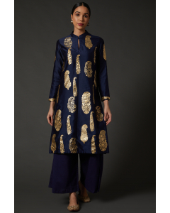 Indigo Blue & Gold Block Printed Kurta Set