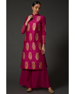 Fuchsia & Gold Block Printed Kurta Set